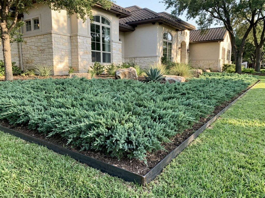 Trailing Juniper groundcover with dense blue-green evergreen foliage spreading low and wide.