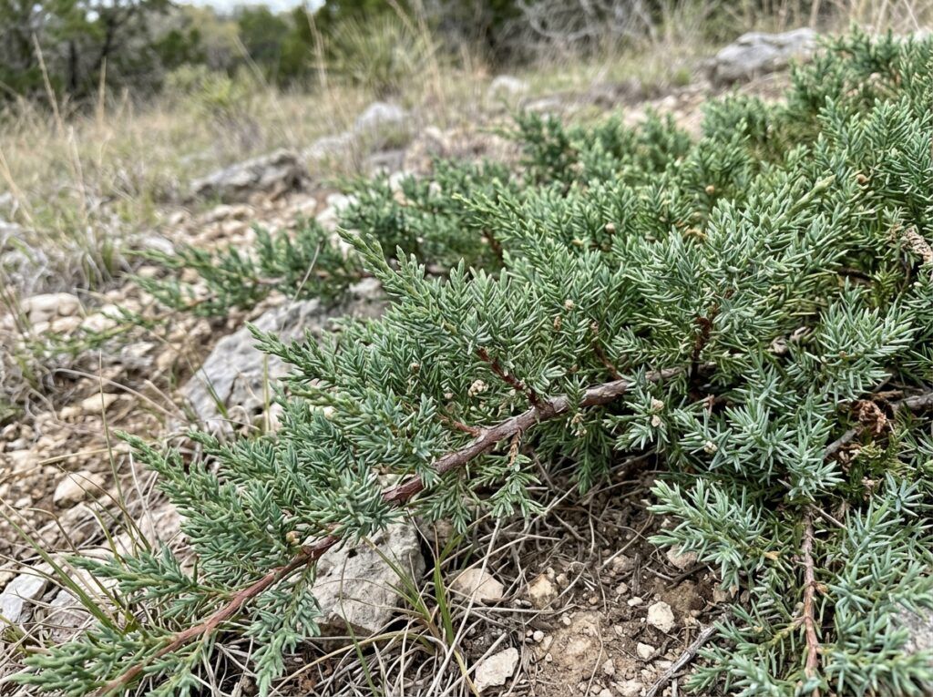 Trailing Juniper groundcover with dense trailing blue-green needles spilling over a pot.