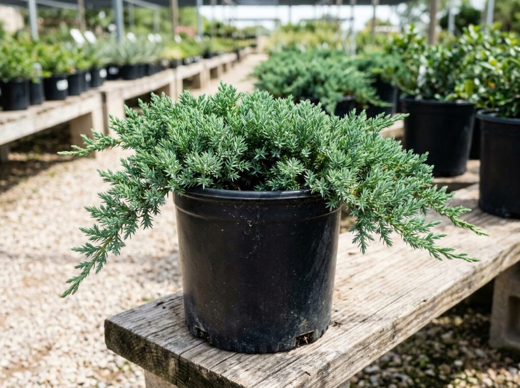 Trailing Juniper groundcover with dense trailing green foliage spreading low across the ground.
