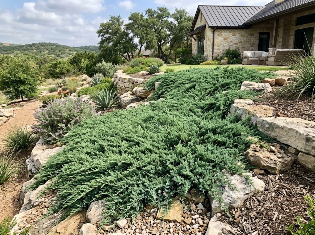 Trailing Juniper groundcover in container with dense blue-green trailing foliage.