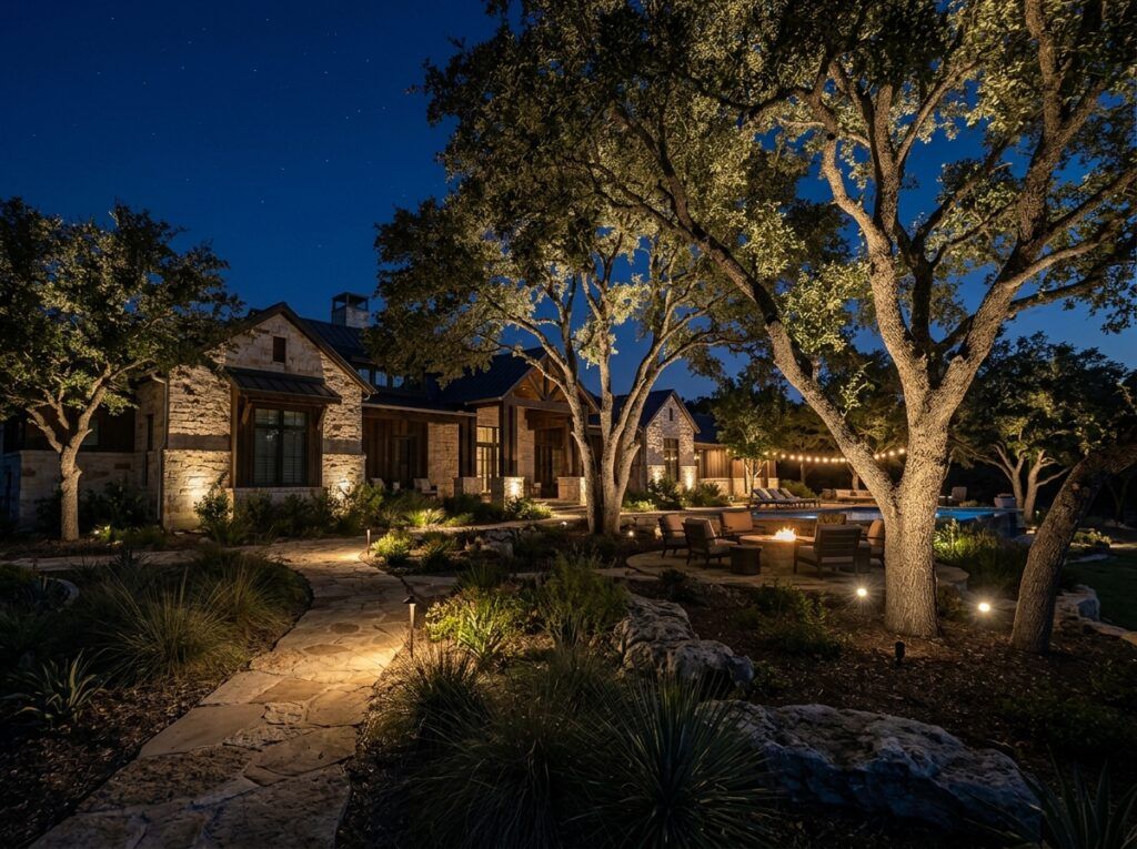 Tree Uplight landscape lighting with a black ground spotlight aimed upward to wash light onto a tree trunk and canopy.