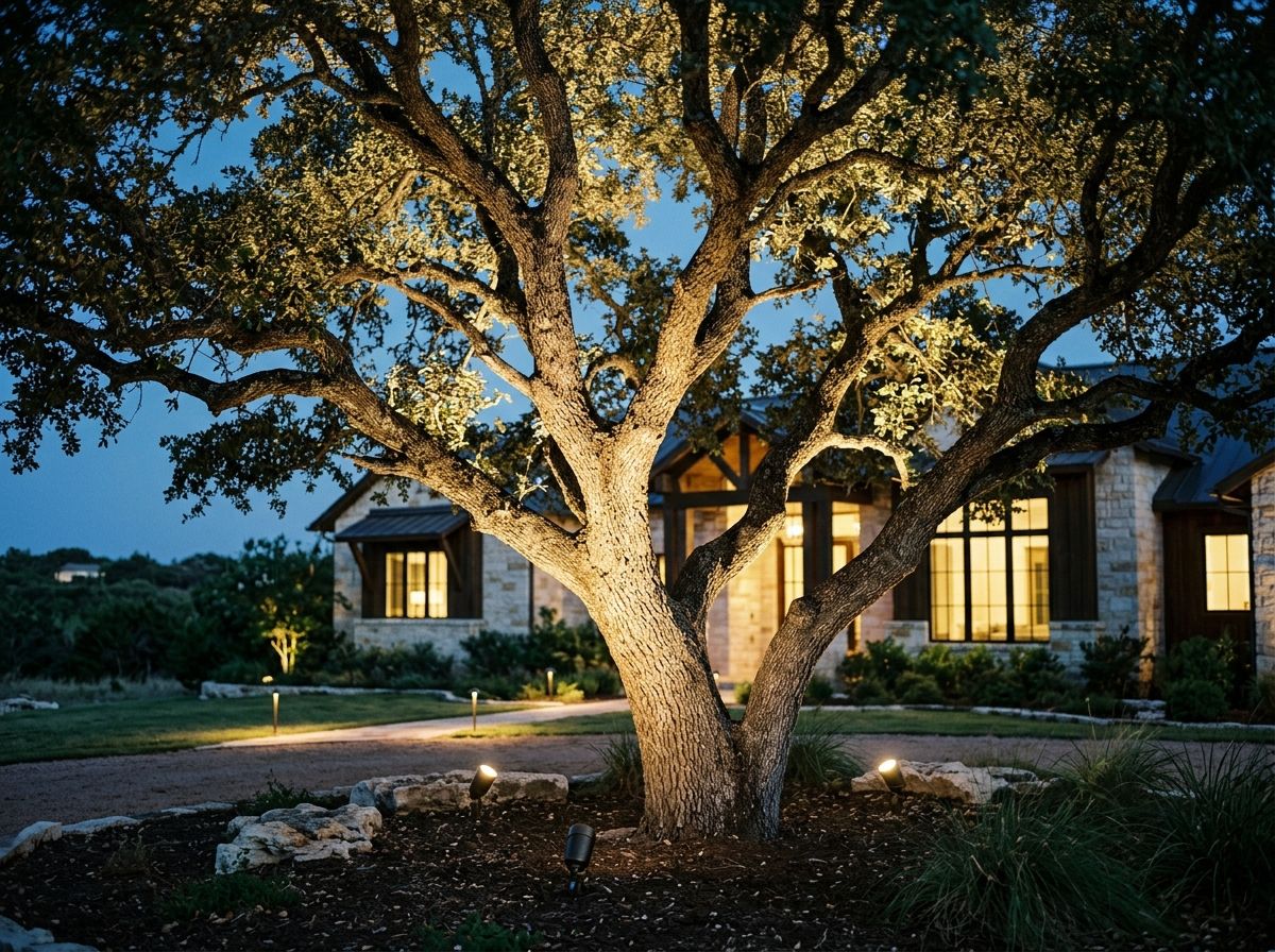 Tree Uplight landscape lighting fixture at base of tree casting warm uplight on trunk and branches.