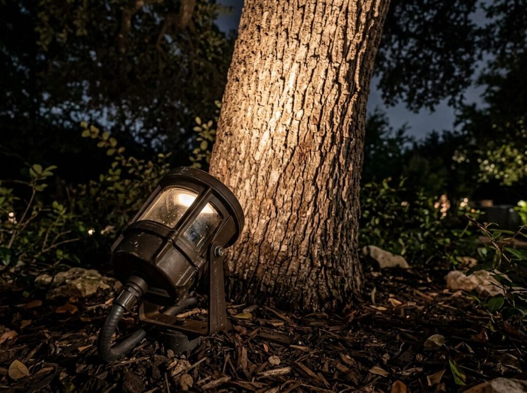 Tree Uplight landscape lighting fixture in black metal aimed upward to illuminate a tree trunk.