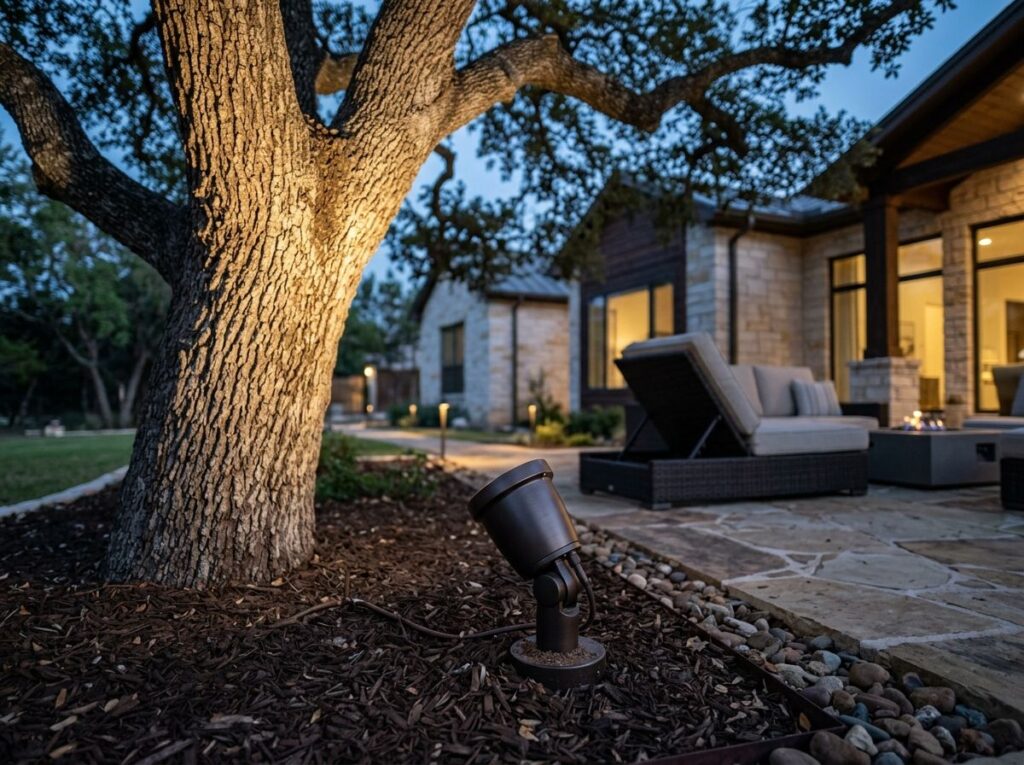 Tree Uplight landscape lighting fixture at tree base casting warm beam upward on trunk and branches.