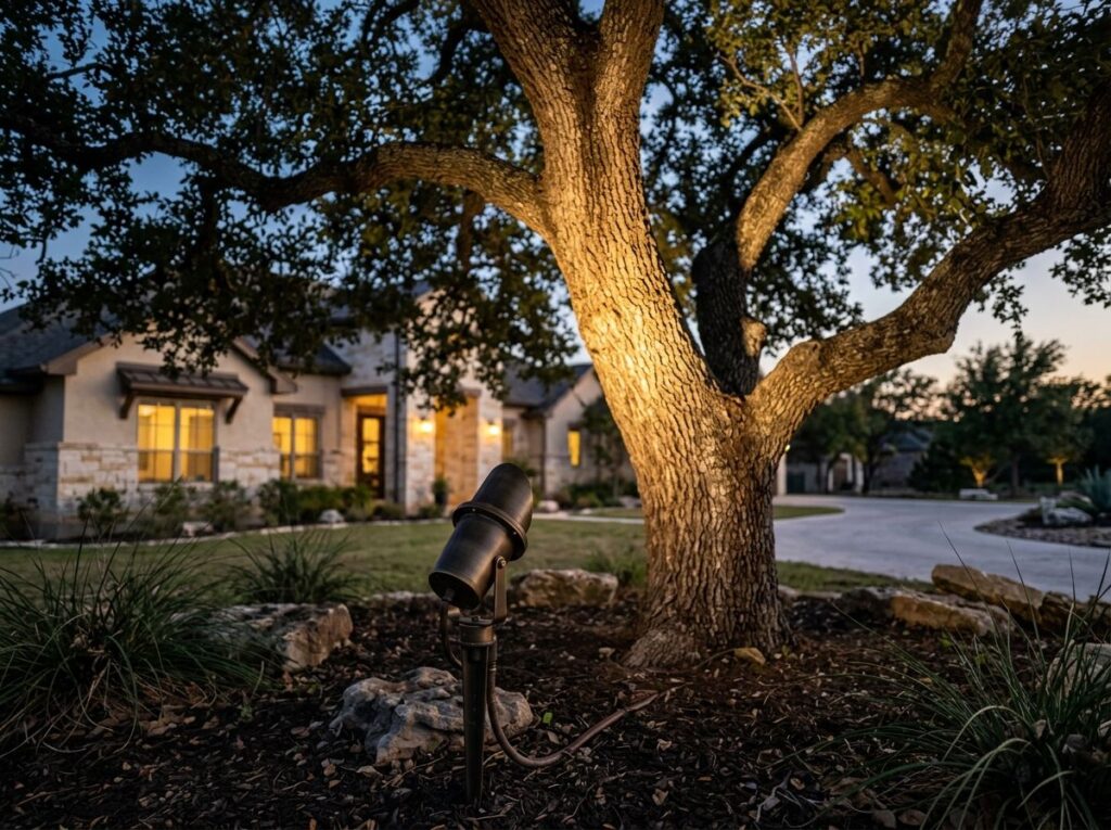 Tree Uplight landscape lighting spotlight aimed upward at a tree trunk, with a black fixture mounted at the base.