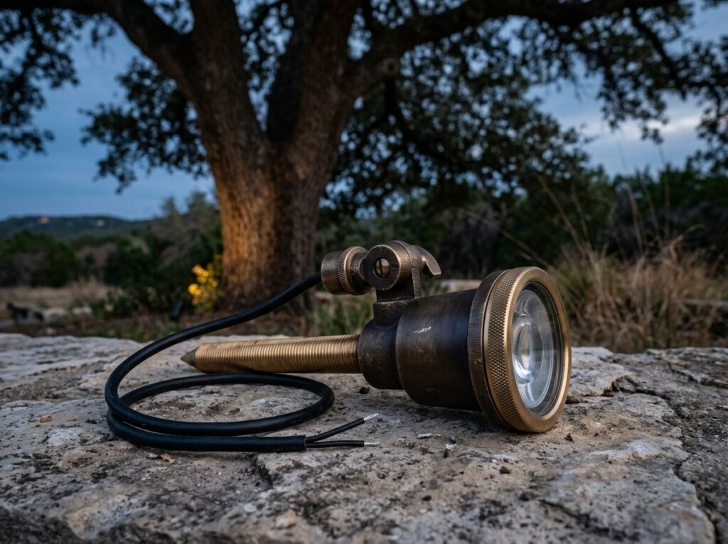 Tree Uplight landscape lighting spotlight aimed upward at a tree, black metal fixture set in mulch.