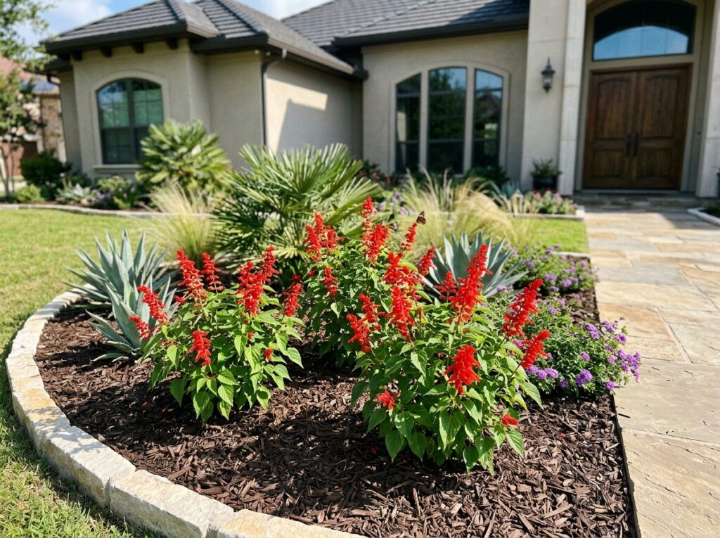 Tropical Sage plant with bright red flower spikes and green foliage growing in a black nursery pot on a light background.