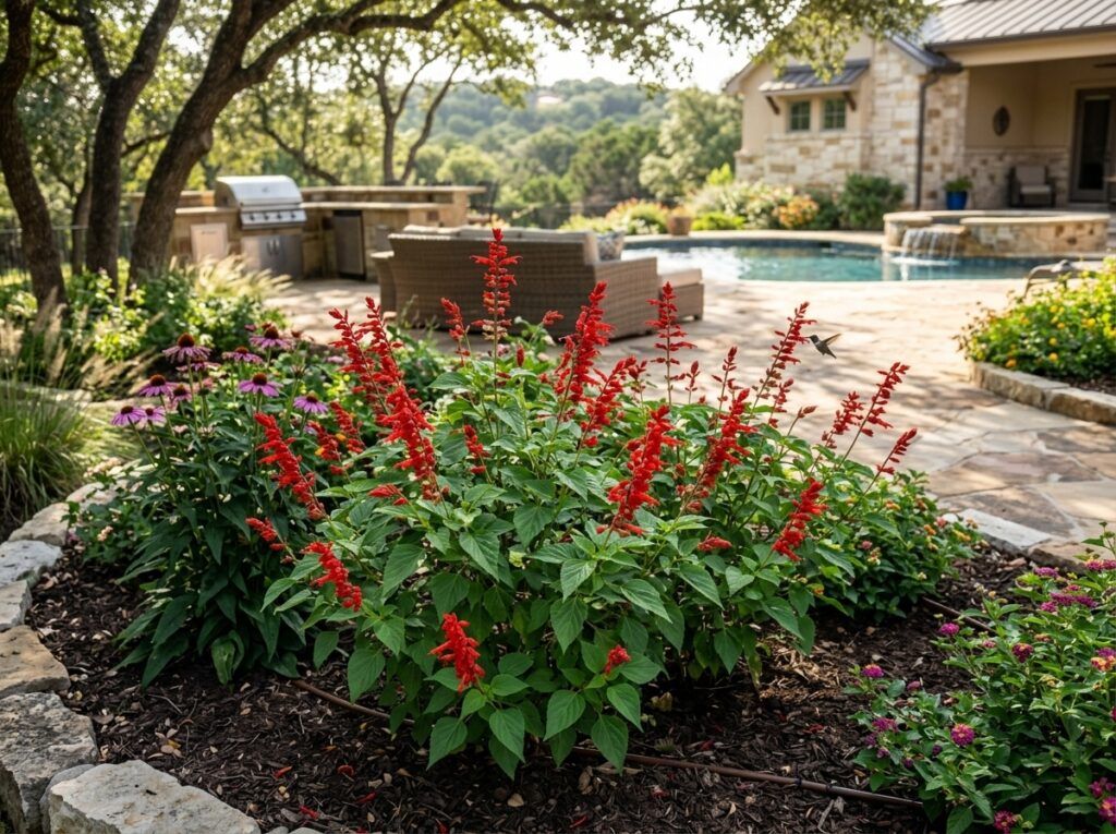 Tropical Sage in a nursery container with green foliage and red flower spikes.
