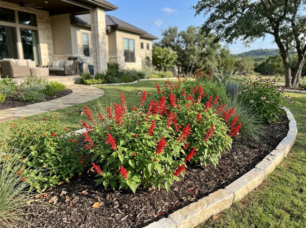 Tropical Sage perennial with green foliage and bright red flower spikes in full bloom.