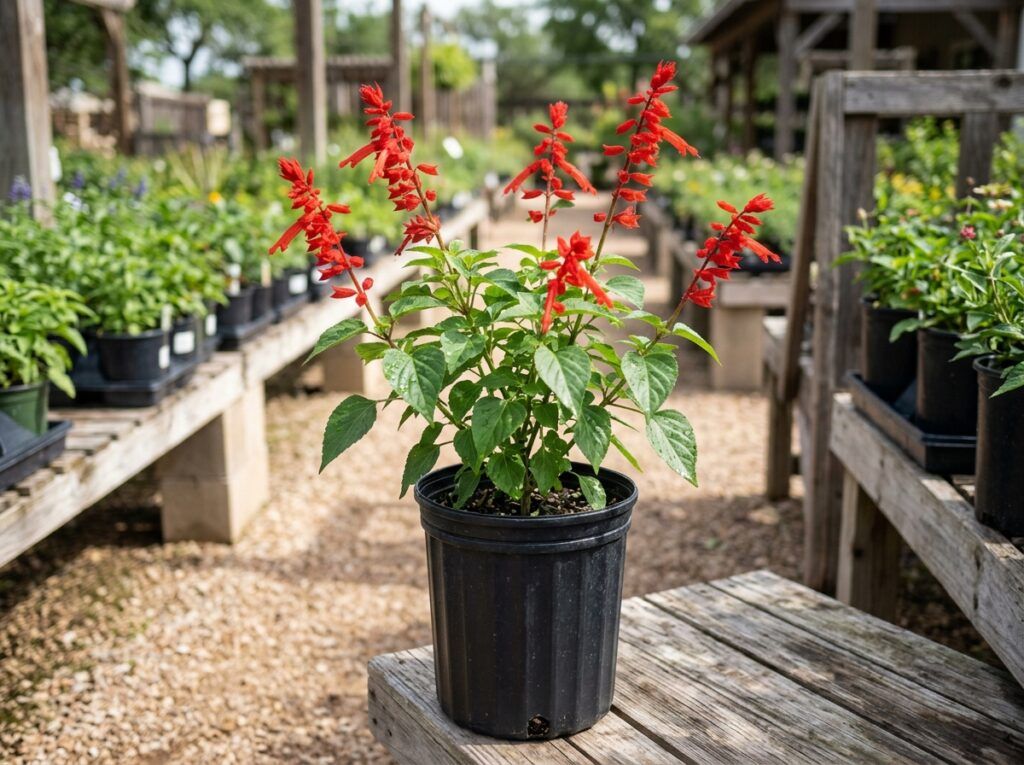 Tropical Sage plant in a nursery pot with upright green stems and dense foliage.