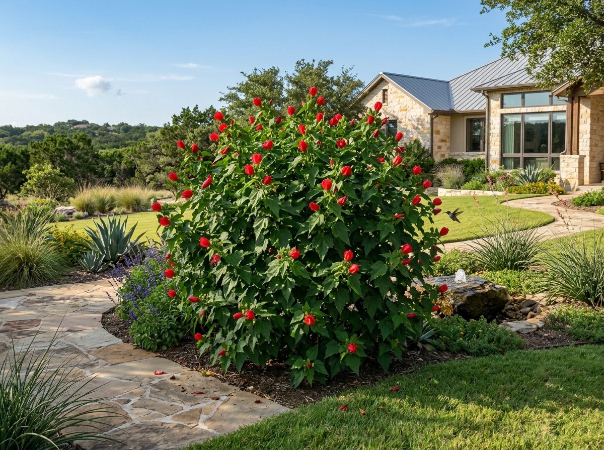 Turk's Cap shrub with bright red flowers and lush green foliage growing in a landscaped bed.
