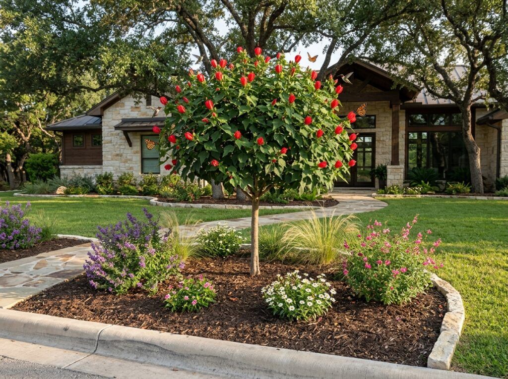 Turk's Cap shrub with glossy green leaves and red twisted flowers in a garden bed.