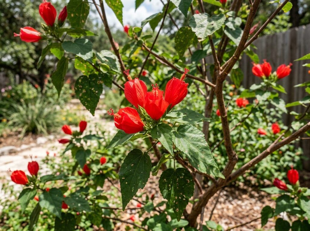 Turks Cap shrub with glossy green leaves and red, twisted flowers in bloom.
