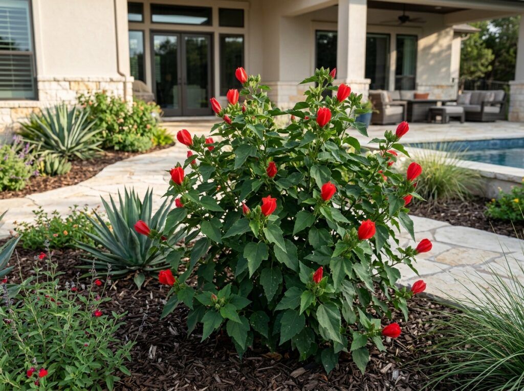Turks Cap shrub with green foliage and red, twisted blooms in a black nursery pot