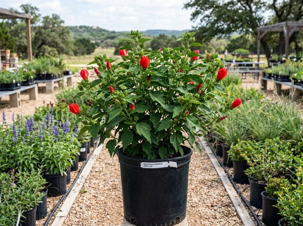 Turk's Cap shrub in a nursery pot with dense green foliage and bright red, twisted flowers.