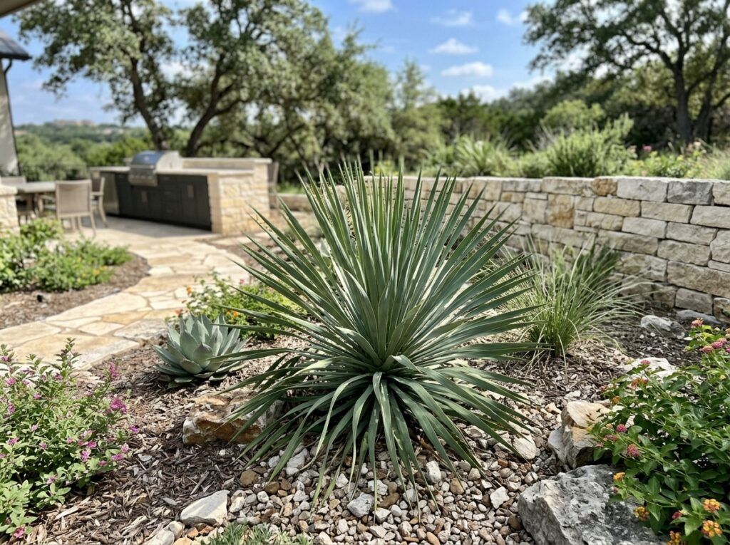 Twistedleaf Yucca in a black nursery pot, showing narrow blue-green twisted, spiky leaves.