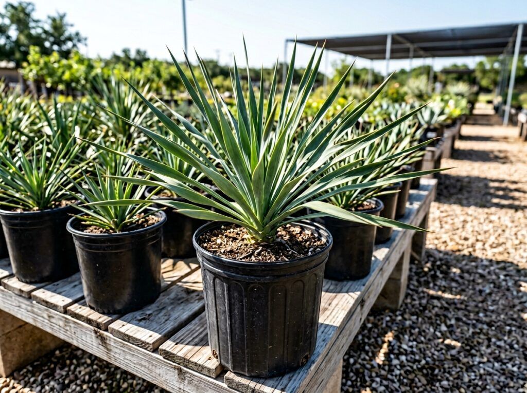 Twistedleaf Yucca perennial with twisting blue-green swordlike leaves growing in a black nursery pot.