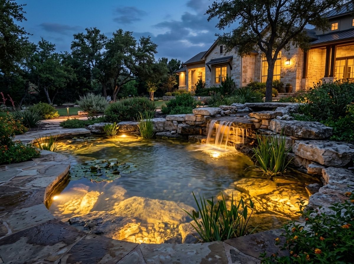Underwater Light landscape lighting fixture submerged in pool, casting bright beam upward through clear water.