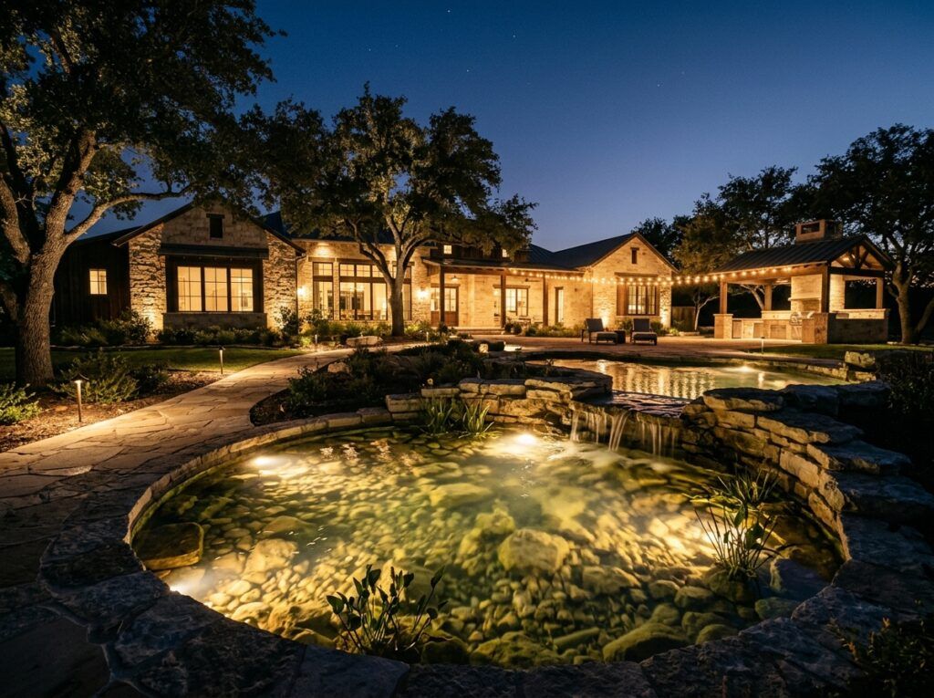 Underwater Light landscape lighting installed in a pond, shining upward to illuminate rippling water and rocks.
