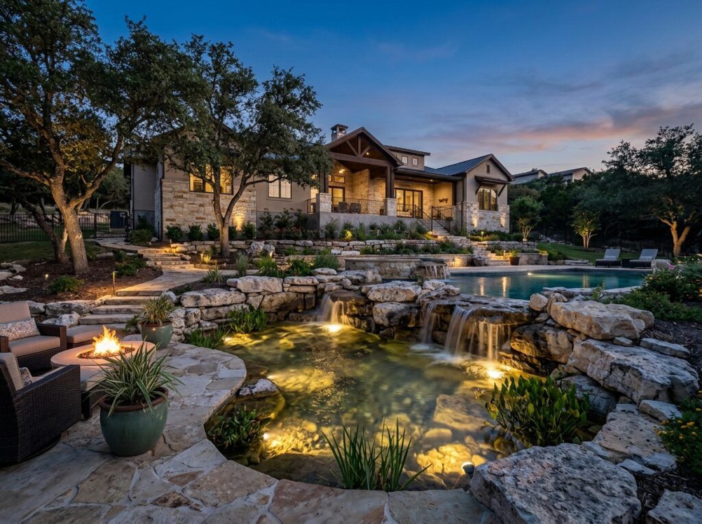 Underwater Light landscape lighting installed in pond, stainless fixture casting bright beam across rippling water.