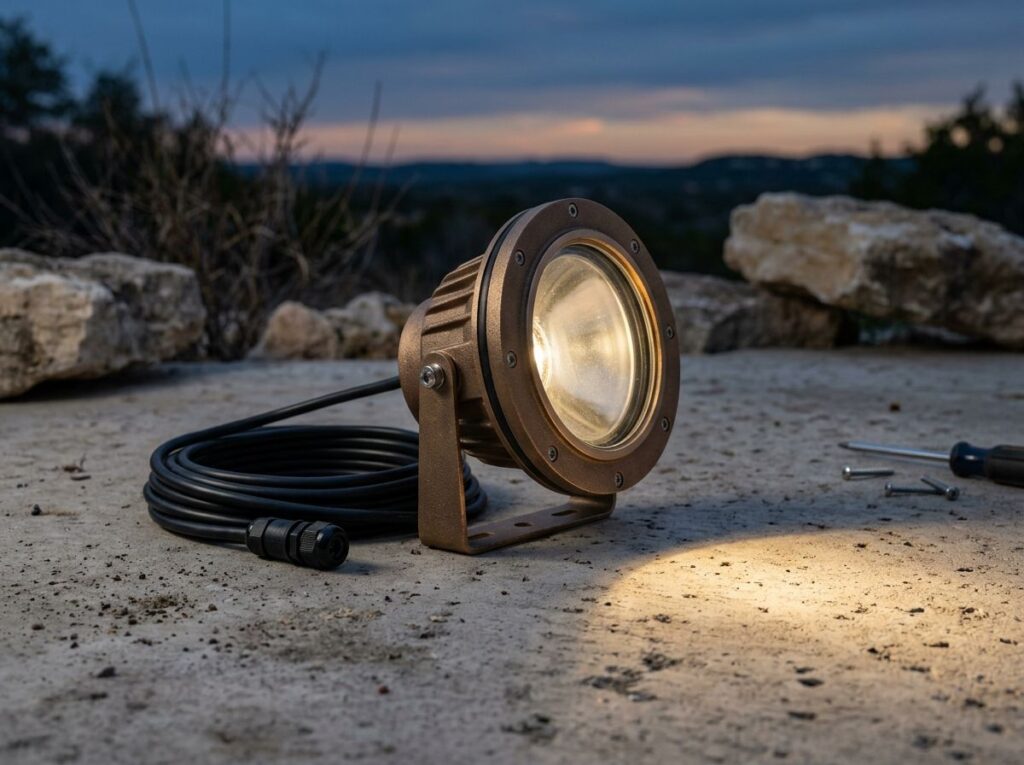 Underwater Light underwater landscape lighting fixture in stainless finish, shown close-up with lens facing forward.
