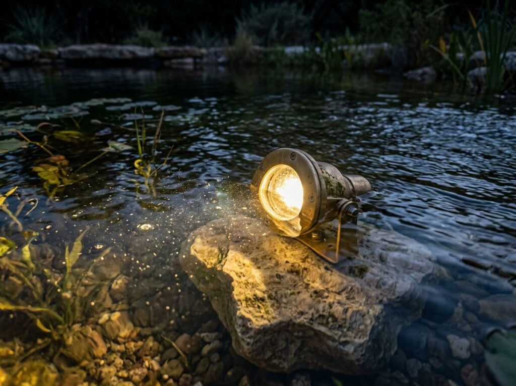 Underwater Light underwater landscape lighting fixture in stainless finish, angled to illuminate water features.