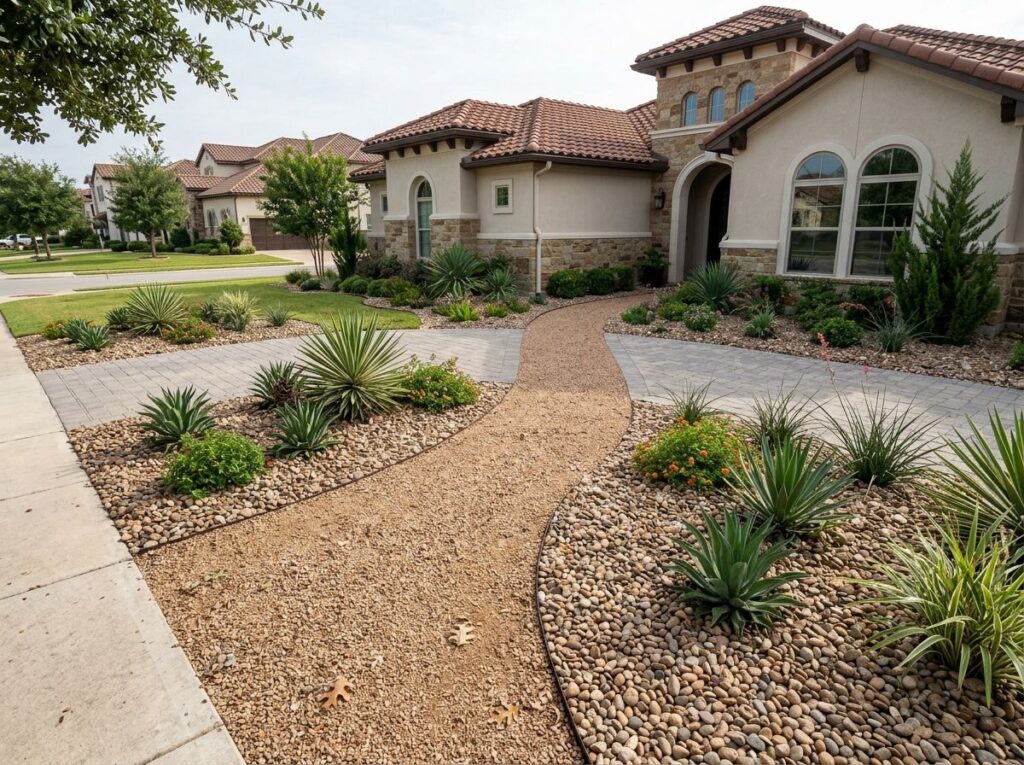 Valley Pea Gravel ground cover spread as small tan pebbles in a landscaped bed around plants.