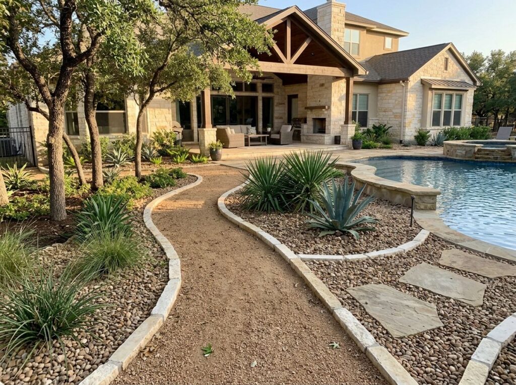 Valley Pea Gravel ground cover spread as small tan pebbles along a landscaped bed edge.