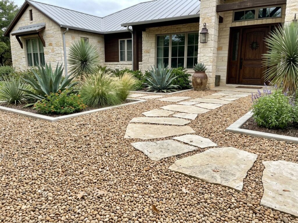 Valley Pea Gravel ground cover of small rounded tan pebbles spread evenly along a garden bed.