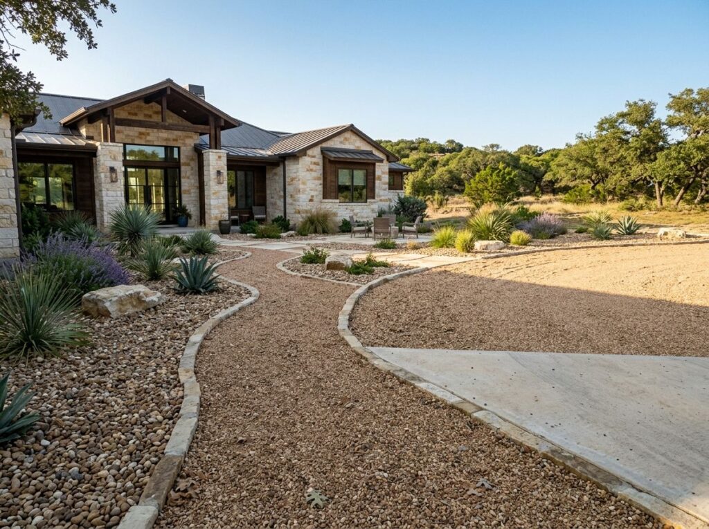 Valley Pea Gravel ground cover spread around plants in a landscaped bed, showing smooth tan pebbles.