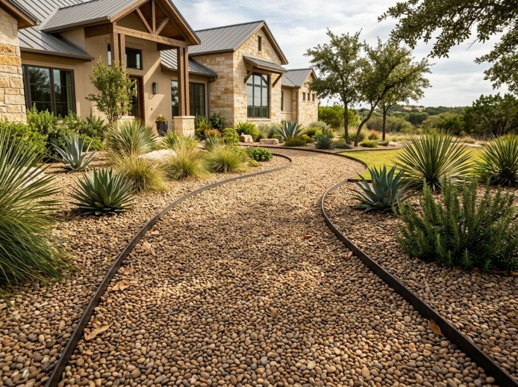 Valley Pea Gravel ground cover of small tan and gray rounded stones spread in a landscaped bed.