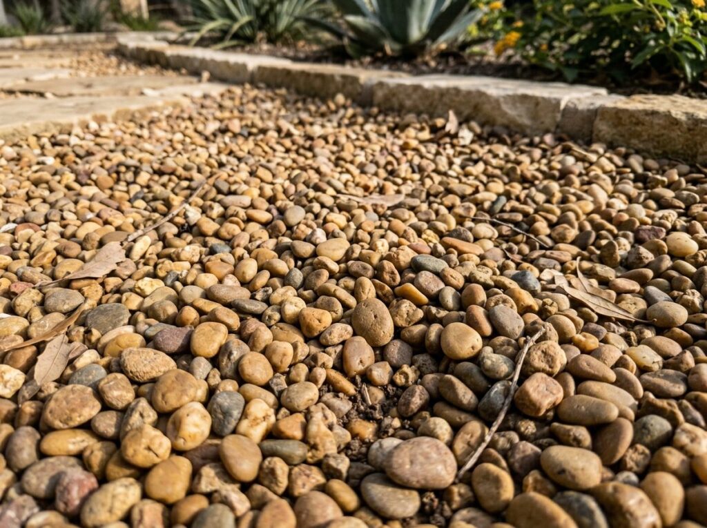 Valley Pea Gravel ground cover in small tan pebbles spread evenly for landscaping.