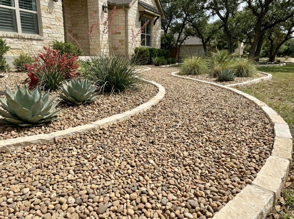 Valley Pea Gravel ground cover in small rounded tan stones spread evenly for a clean landscaping surface.