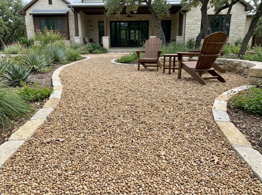 Valley Pea Gravel ground cover of small smooth tan pebbles spread in a landscaping bed.