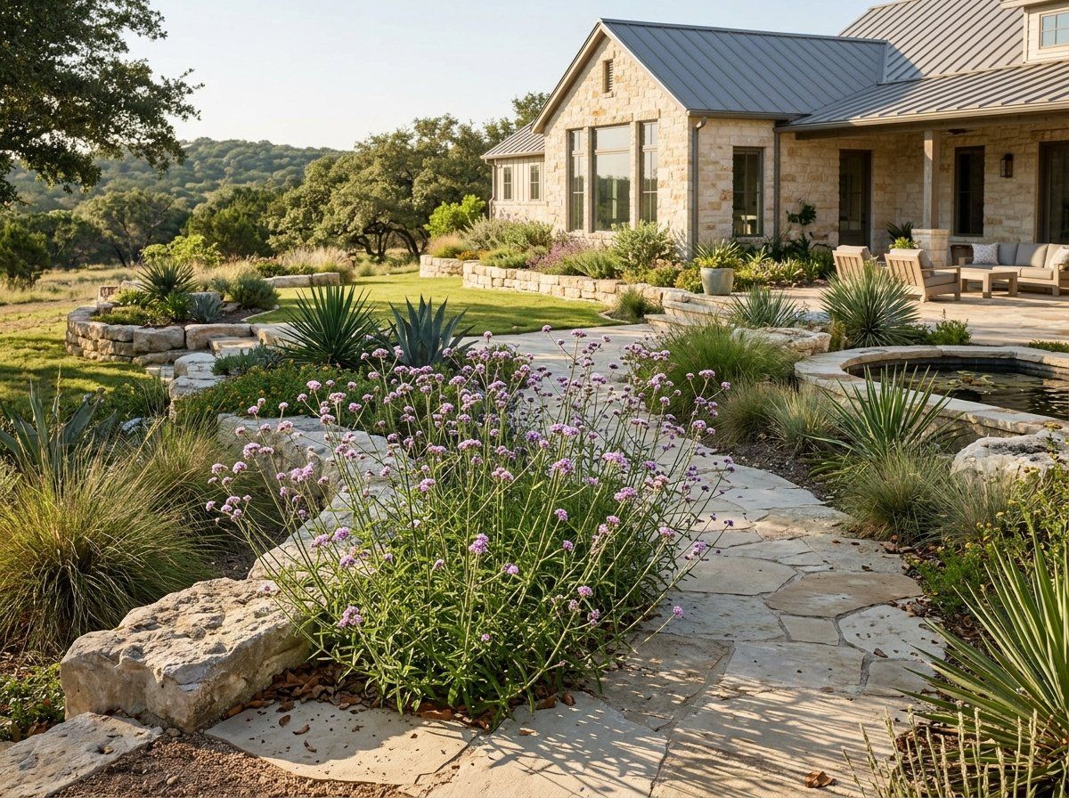 Verbena groundcover with clusters of purple flowers spreading in a landscaped garden bed.