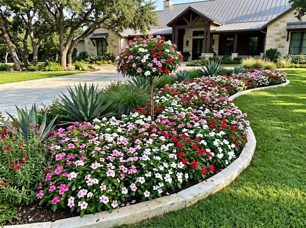 Vinca groundcover in a black nursery pot, glossy green leaves with purple flowers.