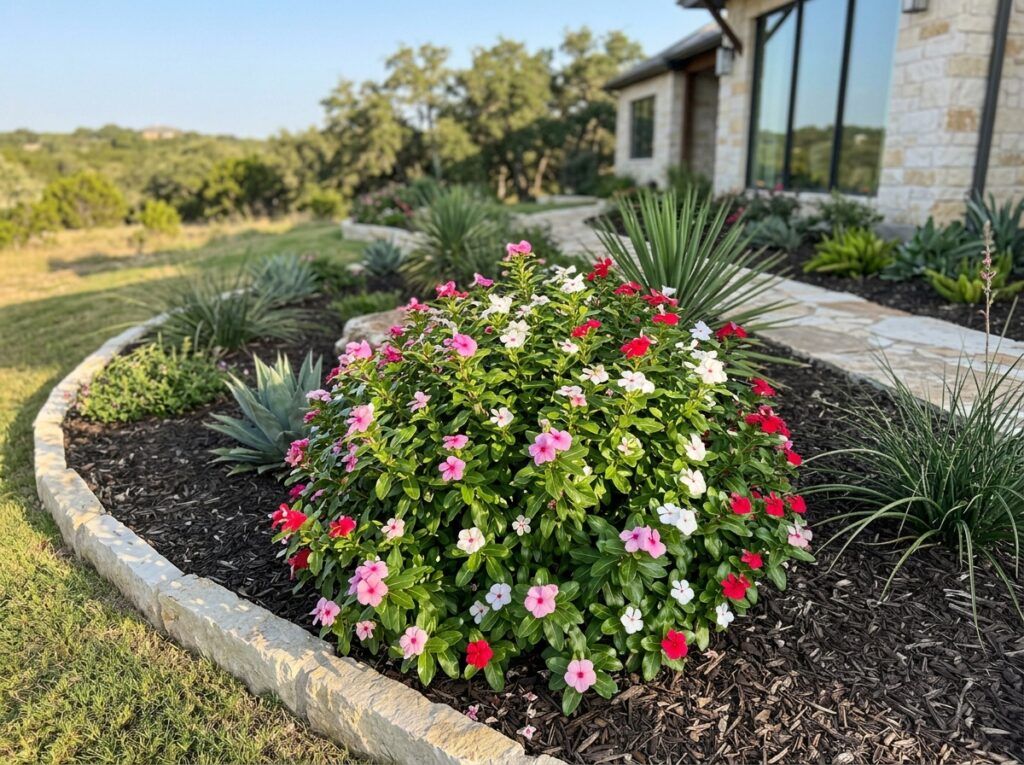 Vinca groundcover with glossy green foliage and small purple flowers forming a dense, low-spreading mat.