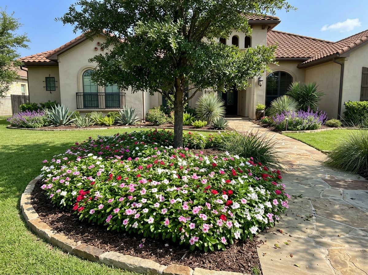 Vinca groundcover with glossy green leaves and small purple flowers spreading across a landscaped garden bed.