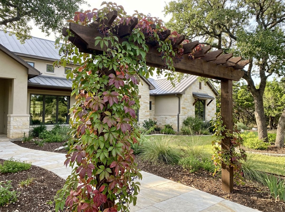 Virginia Creeper vine with dense green, five-lobed leaves climbing upward on a support structure.