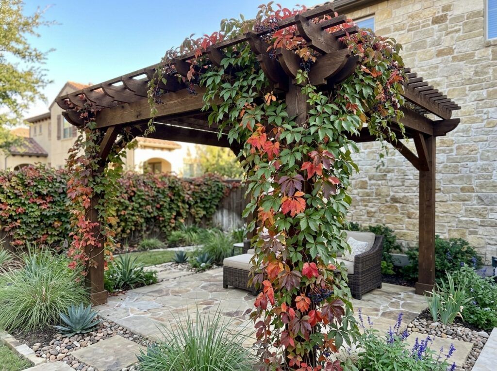 Virginia Creeper vine with green five-lobed leaves climbing a support, shown in a nursery container.