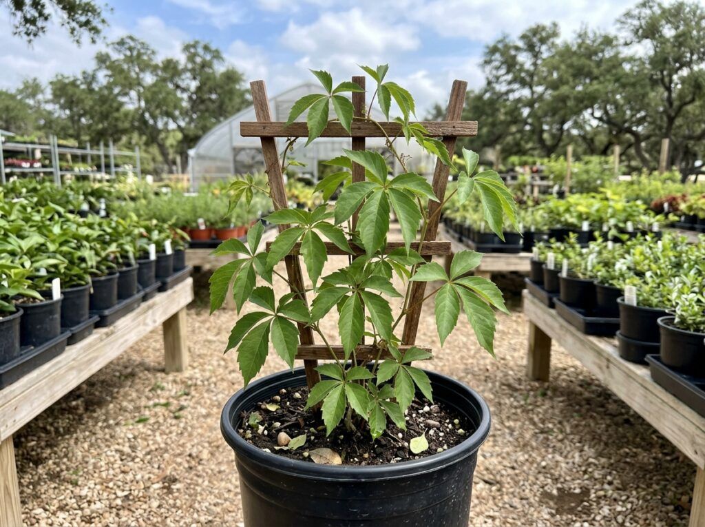 Virginia Creeper vine in a nursery pot with lush green leaves trailing and spilling over the rim.