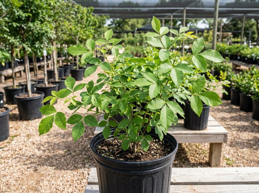 Wafer Ash tree in black nursery pot with slender trunk and green compound leaves.
