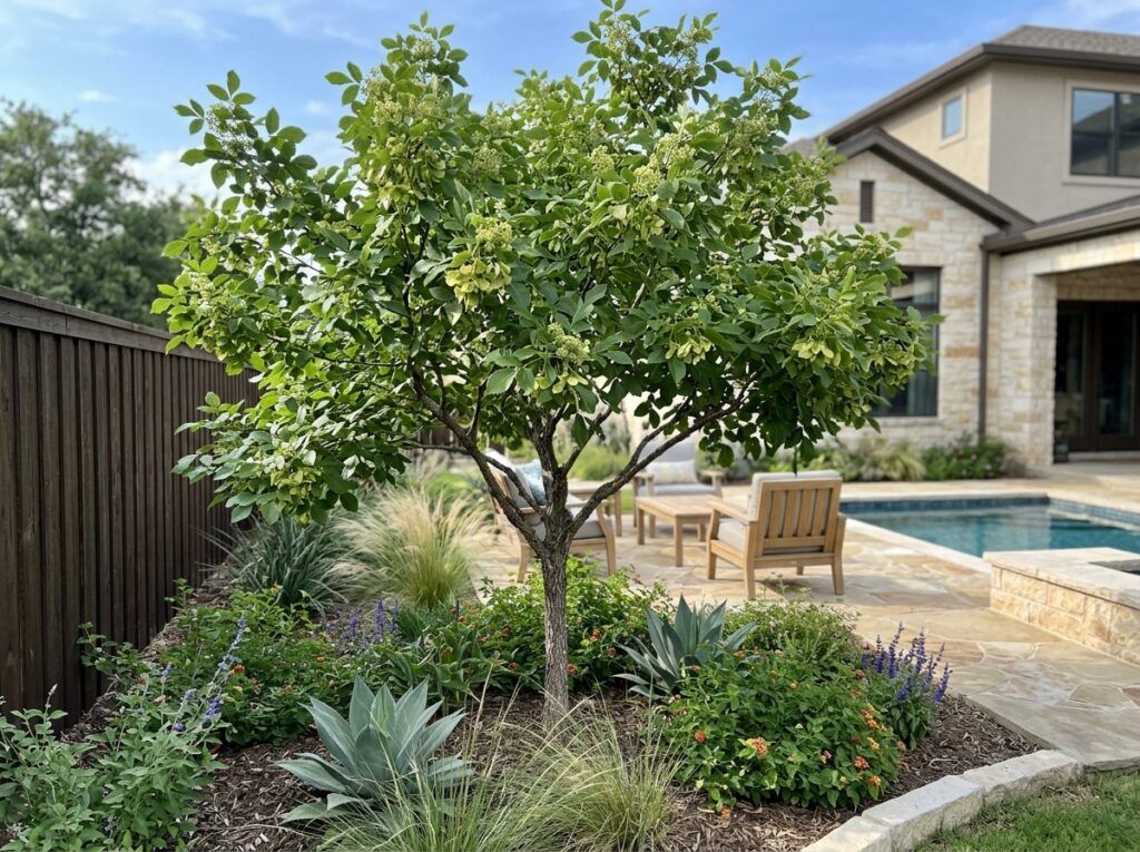 Wafer Ash tree in a nursery container with green compound leaves, shown as a young specimen on a white background.