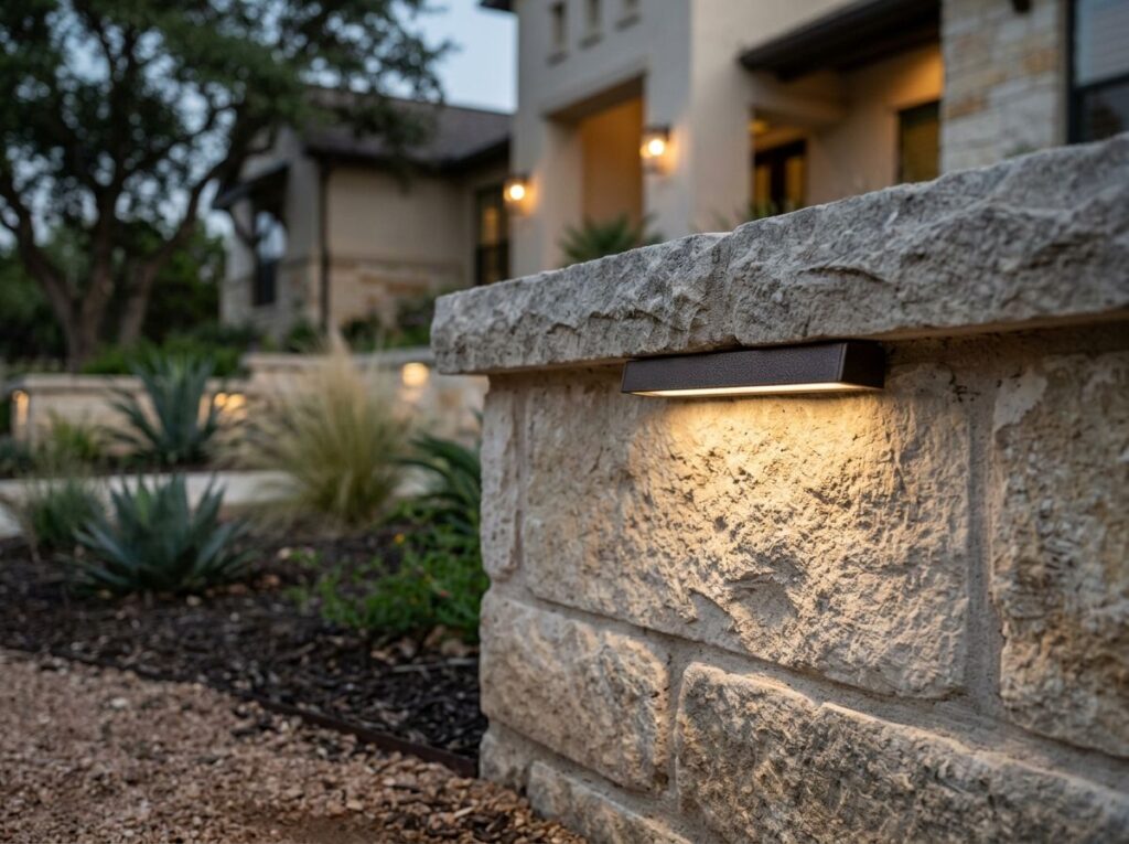 Wall Cap Hardscape Light landscape lighting fixture in dark bronze, mounted under a stone cap and shining downward.