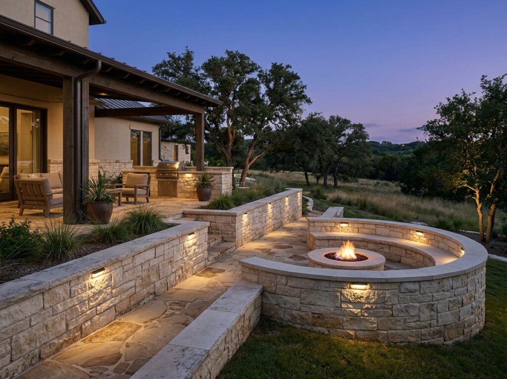 Wall Cap Hardscape Light landscape lighting installed on stone cap, casting warm downlight along the wall.
