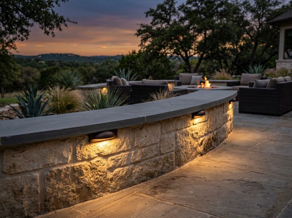 Wall Cap Hardscape Light hardscape lighting installed under stone cap, casting a warm downward wash on wall.