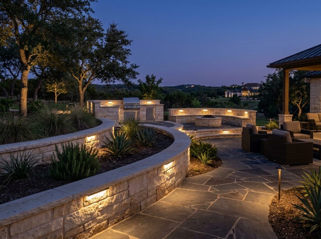 Wall Cap Hardscape Light hardscape lighting under stone cap, casting warm downward wash along retaining wall.
