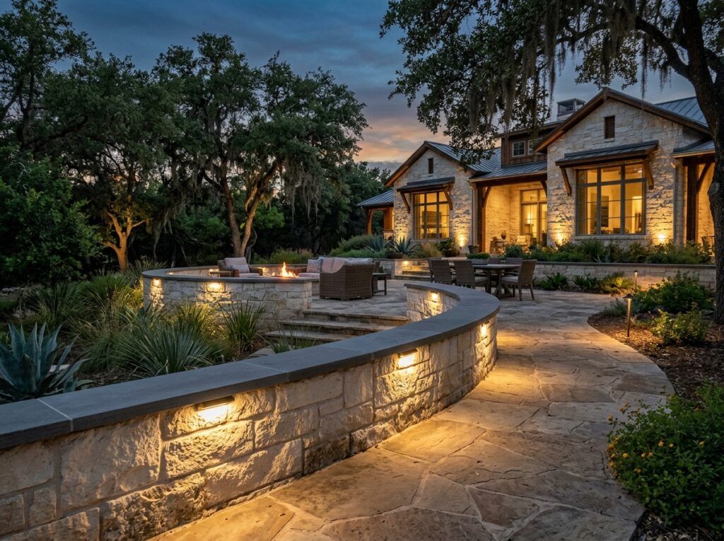 Wall Cap Hardscape Light landscape lighting under stone cap casting warm downlight along a brick wall.