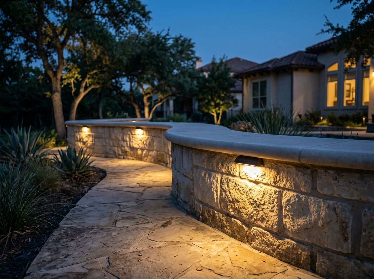 Wall Cap Hardscape Light installed under stone cap, casting warm downward wash for hardscape landscape lighting.