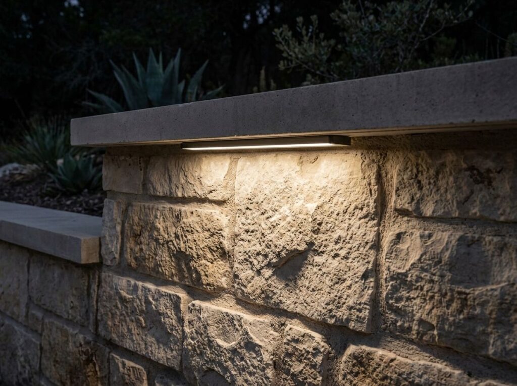 Wall Cap Hardscape Light landscape lighting mounted under stone wall cap, casting a warm downward wash.